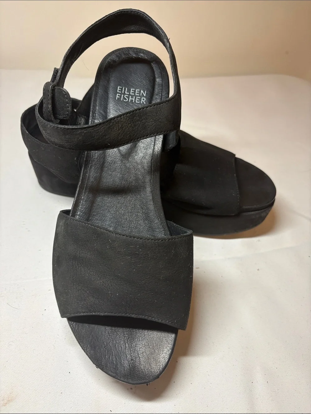Eileen Fisher Black Leather adjustable Ankle Platform Sandal Size 9.5